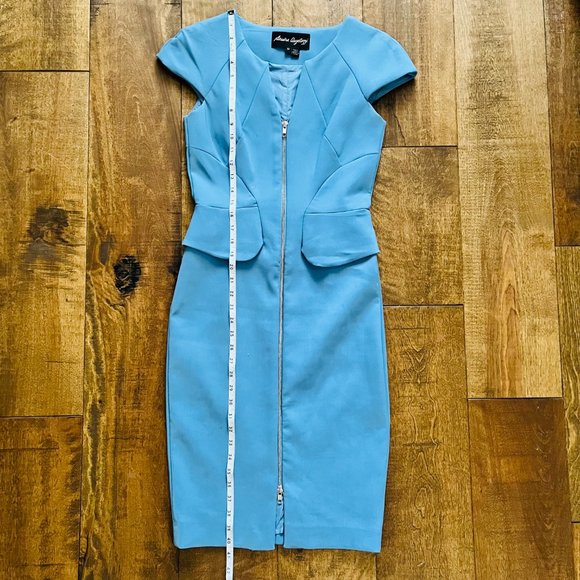 Sandra Angelozzi Blue Business Formal Pencil Dress w/ Cap Sleeves & Front Zipper - Picture 9 of 9
